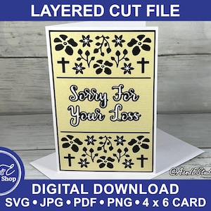 Carte de sympathie - Désolé pour votre perte - Spray floral croix - téléchargement numérique - coupe SVG et fichiers Image - carte Papercut en couches avec BONUS ENV