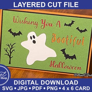 Halloween-kaart - ik wens je een feestelijke Halloween - Ghost Bats - digitale download - SVG-snij- en afbeeldingsbestanden - gelaagde papercutkaart BONUS ENV