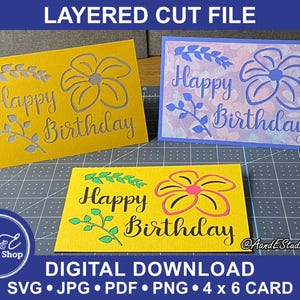 Birthday Card - Happy Birthday - Plumeria Flower with Branches - Digital Download - SVG Cut & Image Files - Layered Papercut Card BONUS ENV