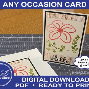 Tarjeta para cualquier ocasión: Hola, flor de plumeria con ramas. Tarjeta en formato PDF lista para imprimir. Descarga digital. Impresión y corte. Sobre BONUS en formato PDF.