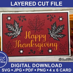 Cartão de Ação de Graças - Feliz Ação de Graças - Folhas e Flores de Outono - Download Digital - Arquivos de Corte e Imagem SVG - Cartão em Camadas com BÔNUS ENV