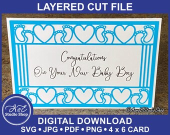 Baby 3D Layered Papercut Card - Footprints and Hearts Window Screen - SVG Cut & Image Files, BONUS ENV (Digital Download Only)