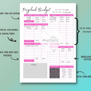 Paycheck Budget Printable | Budget | Weekly | Monthly | Bi-weekly | Money | Savings | Bills | Planner | Pink