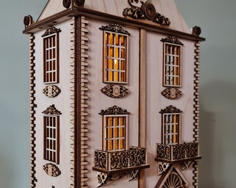 Maison de poupée, modèle miniature en kit « La Grande Maison » avec façade ouverte à l'échelle 1:48 | Corneille73