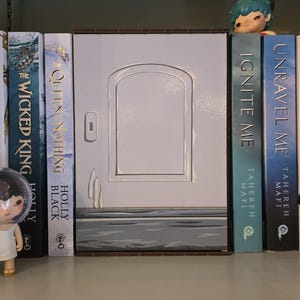 May include: A bookshelf with several books, including "The Wicked King," "Queen of Nothing," "Ignite Me," and "Unravel Me." A decorative box with a door design is centered. Small figurines are placed on the shelf.