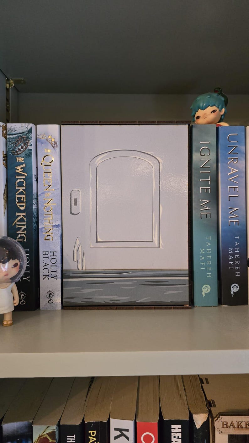 May include: A bookshelf with several books, including "The Wicked King," "Queen of Nothing," "Ignite Me," and "Unravel Me." A decorative box with a door design is centered. Small figurines are placed on the shelf.