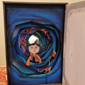 Pu&ograve; includere: Un diorama dipinto a mano di una ragazza con i capelli blu in piedi in un tunnel blu vorticoso con topi rossi e bianchi che strisciano intorno a lei. Il diorama &egrave; incorniciato in una cornice nera e si trova sopra una pila di libri.