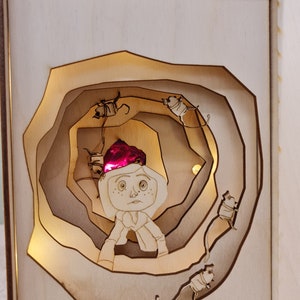 Pu&ograve; includere: Una scatola di legno con un design ritagliato di una persona con un cappello rosso e un tunnel a spirale. La persona &egrave; circondata da piccoli topi ritagliati. La scatola &egrave; illuminata dall'interno, creando un bagliore caldo.