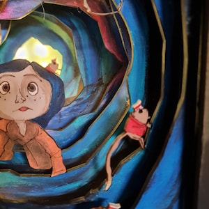 Pu&ograve; includere: Un diorama 3D di una ragazza con i capelli blu che guarda in un tunnel vorticoso con una luce alla fine. Il tunnel &egrave; fatto di legno dipinto di blu, verde e oro. Ci sono quattro piccoli topi con cappelli rossi e code che scalano le pareti del tunnel.