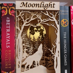 May include: A wooden cutout of a wolf howling at the moon in a forest setting. The cutout is labeled "Moonlight" and is displayed on a bookshelf.