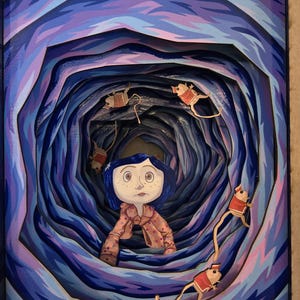 May include: A layered art piece depicting a young girl with blue hair and a pink jacket, standing in a tunnel-like structure. The tunnel is painted in shades of blue and purple, with several mouse-like creatures in red coats.