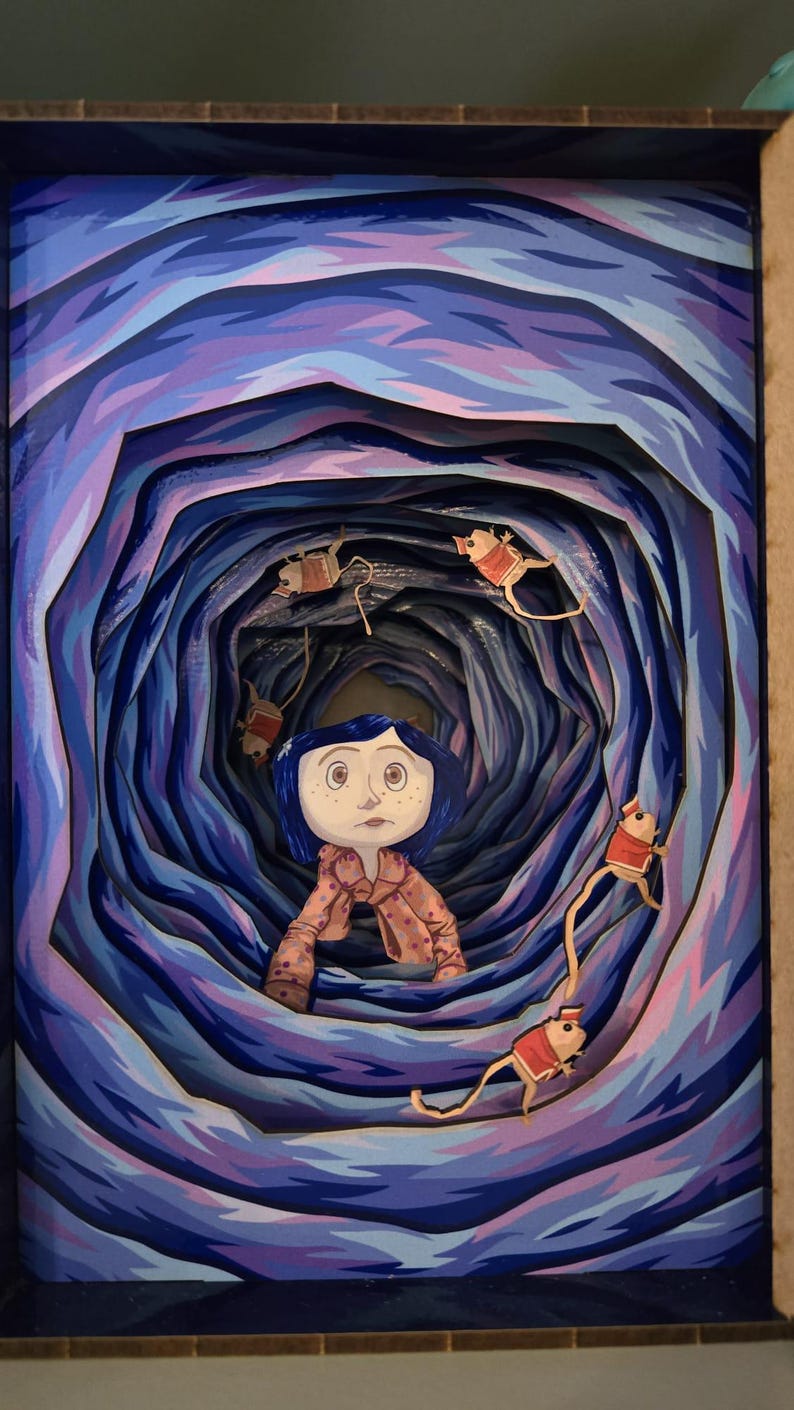 May include: A layered art piece depicting a young girl with blue hair and a pink jacket, standing in a tunnel-like structure. The tunnel is painted in shades of blue and purple, with several mouse-like creatures in red coats.