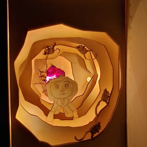 Pu&ograve; includere: Una scatola di legno con una luce all'interno, che crea un effetto 3D di una persona con un gioiello rosa sulla testa, circondata da piccole figure che salgono una scala a chiocciola.