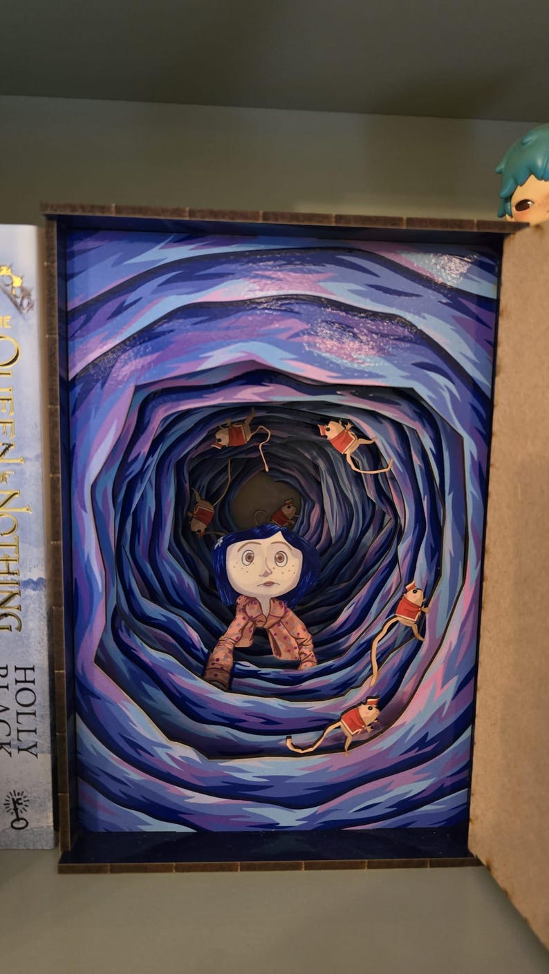 May include: A layered art piece depicting a young girl in a pink coat and blue hair, surrounded by a swirling blue tunnel. Animated mice in red coats are suspended in the air. The artwork is framed in a dark brown border.