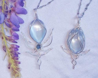 Fairy Spirit Wire Wrapped Necklace – Handmade Resin Opal Silver Plated Statement Pendant