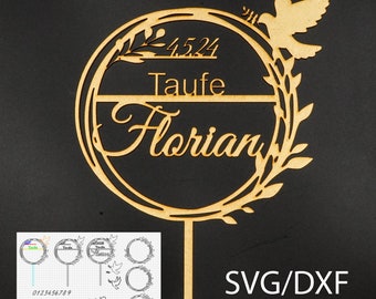 Cake Topper laser cut cnc Taufe 200mm hoch, dxf svg Taufe Friedenstaube font frame baptize DIY SVG Vektor Zuschnitt Download Design Gravur