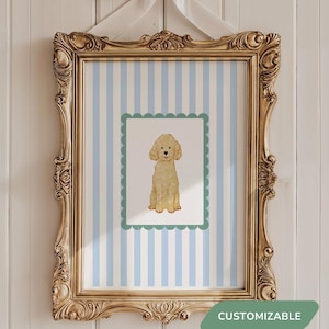 May include: A gold framed print with a blue and white striped background. The print features a green border with a white poodle inside. The text "CUSTOMIZABLE" is at the bottom of the print.