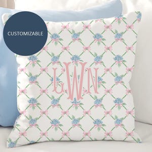 Personalized Monogram Pink Blue Throw Pillows, Custom Name Coquette Room Decor for Toddler Girls Nursery Gifts, Cute Decorative Pillow Case