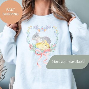 Cute Bunny Sweatshirt Gift For Her, Trendy Coquette Crewneck Sweater, Cottagecore Easter Bunny Shirt, Feminine Aesthetic Graphic Vintage Top