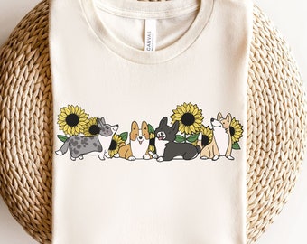 Corgi Sunflower T-Shirt, Cardigan and Pembroke Welsh Pup T Shirt, Women Summer Outfit, Dog Mom Tshirt, Corgi Mama Top, Flower Dog Walker Tee