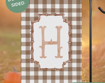 Espresso Brown Monogram Initial Garden Flag, Checkered Personalized Name Yard Banner Welcome Sign