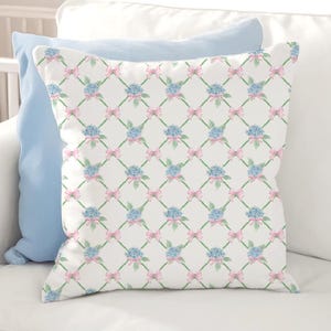 Blue Hydrangeas Throw Pillow Cover, Coquette Pink Bows Pillowcase, Preppy Dorm Bedding & Room Decor, Girls Nursery Baby Shower Gifts