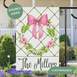 Custom Name Hibiscus Garden Flag, Personalized Family Last Name Patio Decor, Pink Tropical Yard Art, Housewarming Summer Spring Porch Banner