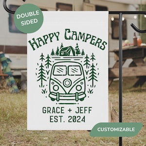 Custom Name Camping Flag, Personalized Camp Trip Banner, Family RV Camper Van Life Gifts For Couples, Travel Trailer Welcome Sign Camp Gift