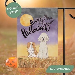 Custom Dog Breed Garden Flag, Happy Halloween Pet Porch n Patio Decor, Personalized Fall Welcome Banner, Cute Spooky Season Yard Art
