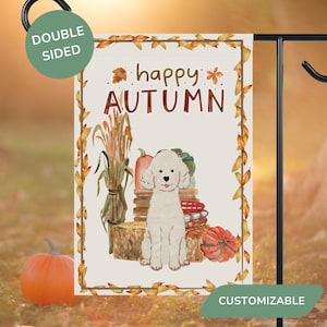 Happy Autumn Dog Breed Garden Flag, Custom Pet Yard Art w/Pumpkins, Goldendoodle, Labrador Retriever & More Thanksgiving Porch Decor Gifts
