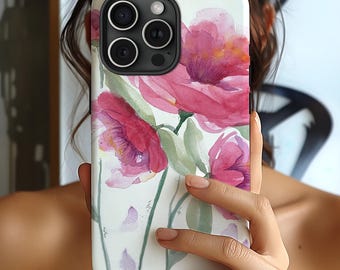 Pink Floral Phone Case, Poppy Flowers Protective Cover for iPhone 16 15 14 13, Samsung Galaxy 23 24, Pixle 9 Cute Gifts for Teenage Daughter