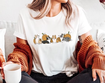 Corgi and Pumpkins Fall T-Shirt, Cardigan & Pembroke Welsh Corgis T Shirt Cute Halloween Puppy Dogs Tshirt Thanksgiving Gifts for Dog Lovers
