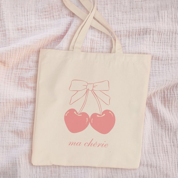 Coquette Cherry Tote Bag, Romantic Ma Cherie Pink Canvas Bag, Bow Reusable Bag, Feminine Friend Gift, Coquette Aesthetic Balletcore Y2K Tote