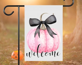 Coquette Pink Fall Decor, Cute Pumpkin Garden Flag, Pastel Goth Halloween Garden Decor, Welcome Sign Patio Banner, Thanksgiving Garden Flag