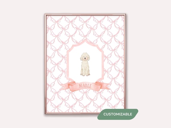 Custom Dog Art Print Gifts, Dogs Pet Portrait for Nursery Wall Art Preppy Pink Bow Coquette Poster for Mom Toddler Baby Girl Room Decor Gift
