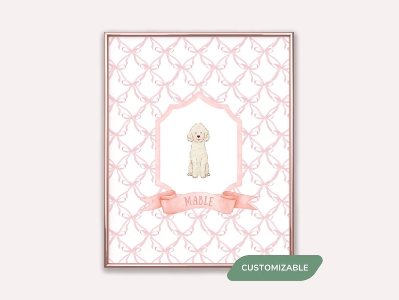 May include: A printable pink and white digital art print featuring a white poodle with the name "Mable" on a pink ribbon. The background is a pink and white pattern of bows.