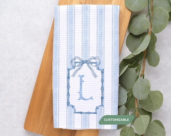 Blue Striped Custom Family Monogram Tea Towel, Personalized Last Name Initial Kitchen Decor