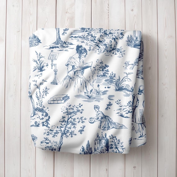 Blue French Toile Romantasy Reader Blanket, Regency Era Bookish Gift, Fantasy Blanket for Book Lovers, Cozy Throw for Bookworms & Book Nerds