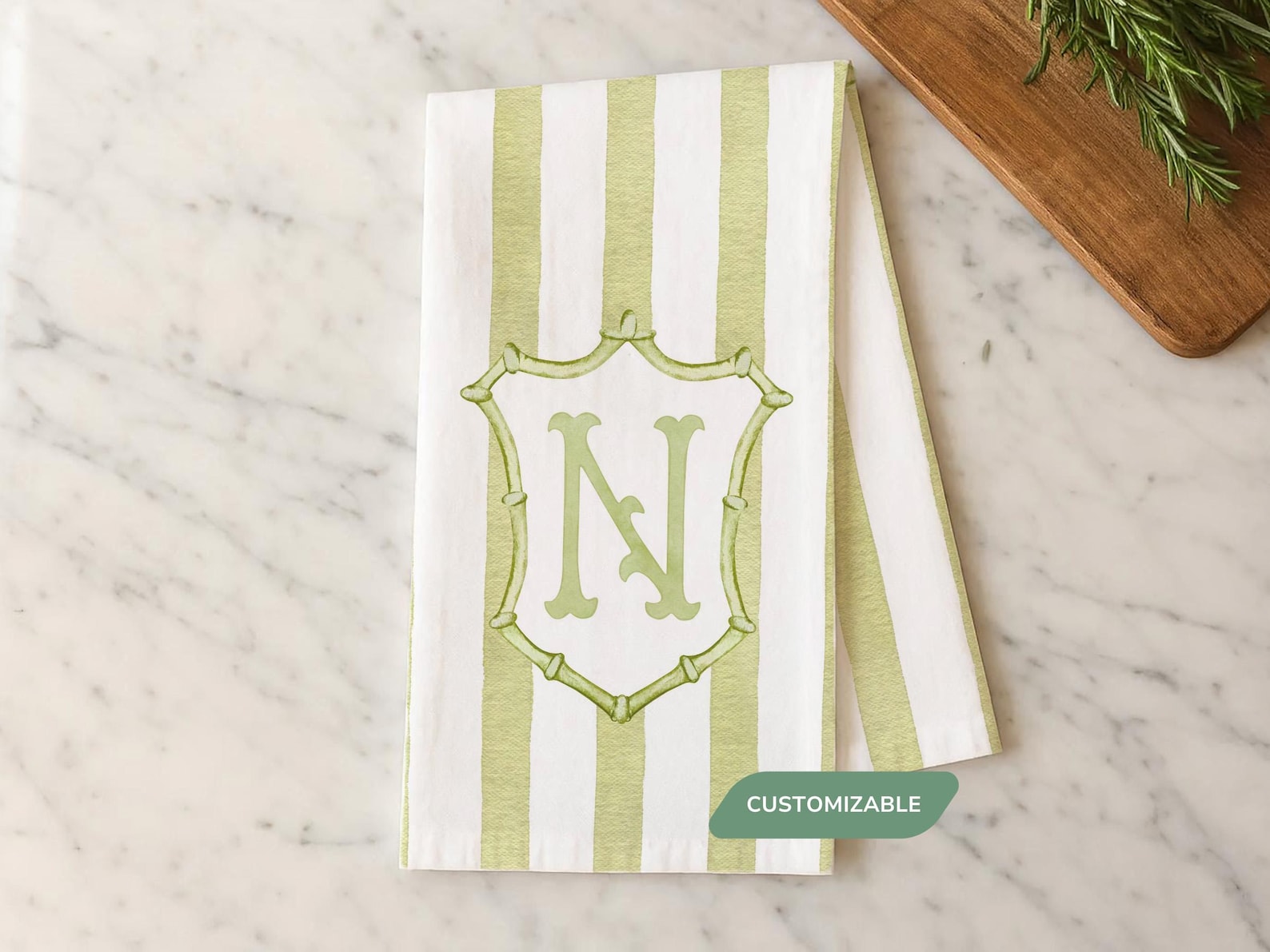 Green Striped Custom Family Monogram Tea Towel, Personalized Last Name Initial Kitchen Decor