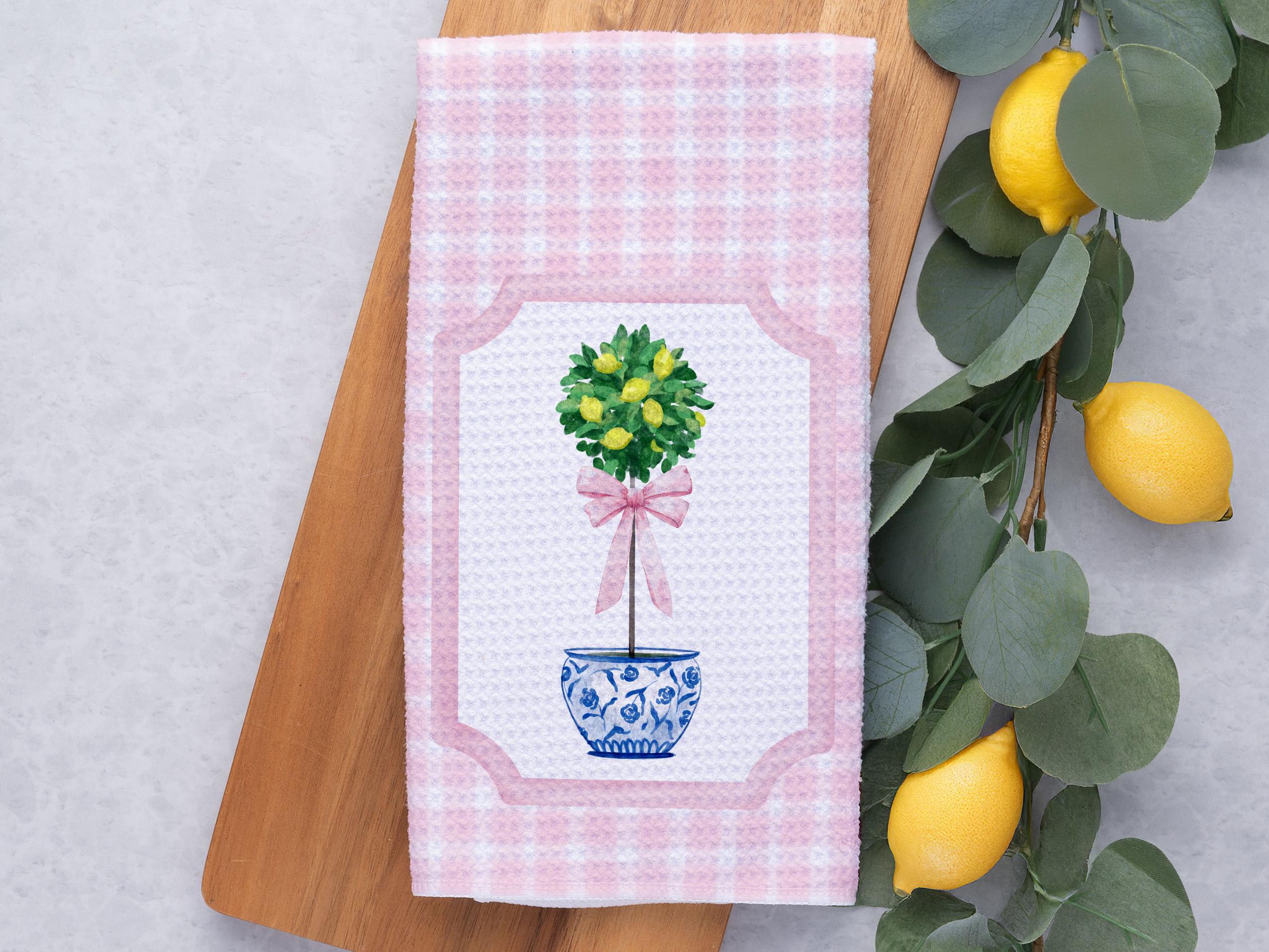 Pink Lemon Tree Tea Towel, Cute Citrus Topiary Kitchen Bar Cart Decor, Coquette Gift For Hostess, Maximalist Home & Dorm Housewarming Gifts