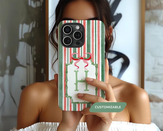 Red Green Custom Monogram Phone Case, Christmas Holiday Name Initial MagSafe & Tough Phonecases for iPhone, Samsung Galaxy, Google Pixel