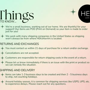 May include: A white background with black text outlining the return and shipping policies for a small business called HEK art. The text includes information about print-on-demand items, shipping times, and return policies.