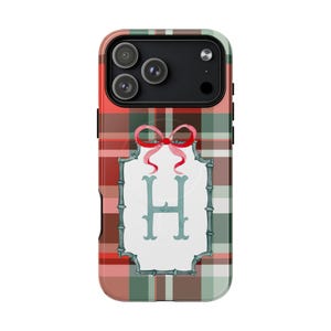 Red Plaid Custom Monogram Phone Case, Christmas Holiday Name Initial MagSafe & Tough Phonecases for iPhone, Samsung Galaxy, Google Pixel bild 2