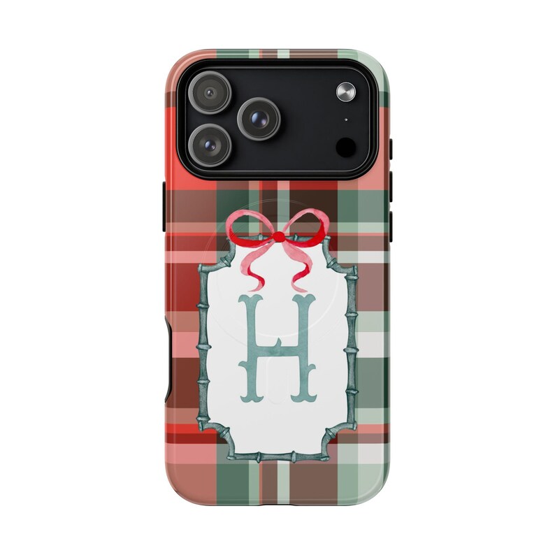 Red Plaid Custom Monogram Phone Case, Christmas Holiday Name Initial MagSafe & Tough Phonecases for iPhone, Samsung Galaxy, Google Pixel bild 2