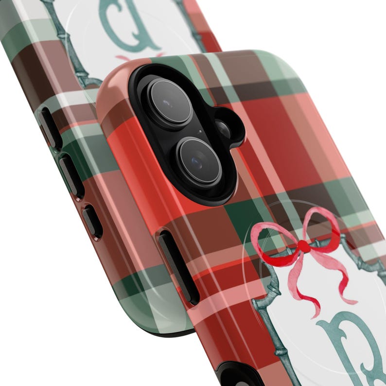 Red Plaid Custom Monogram Phone Case, Christmas Holiday Name Initial MagSafe & Tough Phonecases for iPhone, Samsung Galaxy, Google Pixel bild 4