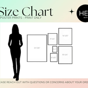 May include: Size chart for poster prints, showing different sizes in inches. The chart includes a silhouette of a person to help visualize the size of each print.
