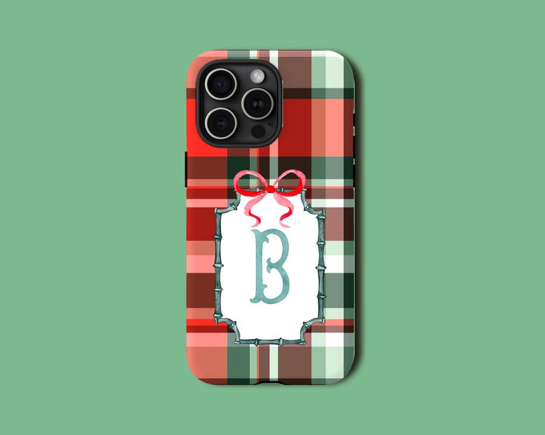 Red Plaid Custom Monogram Phone Case, Christmas Holiday Name Initial MagSafe & Tough Phonecases for iPhone, Samsung Galaxy, Google Pixel bild 6