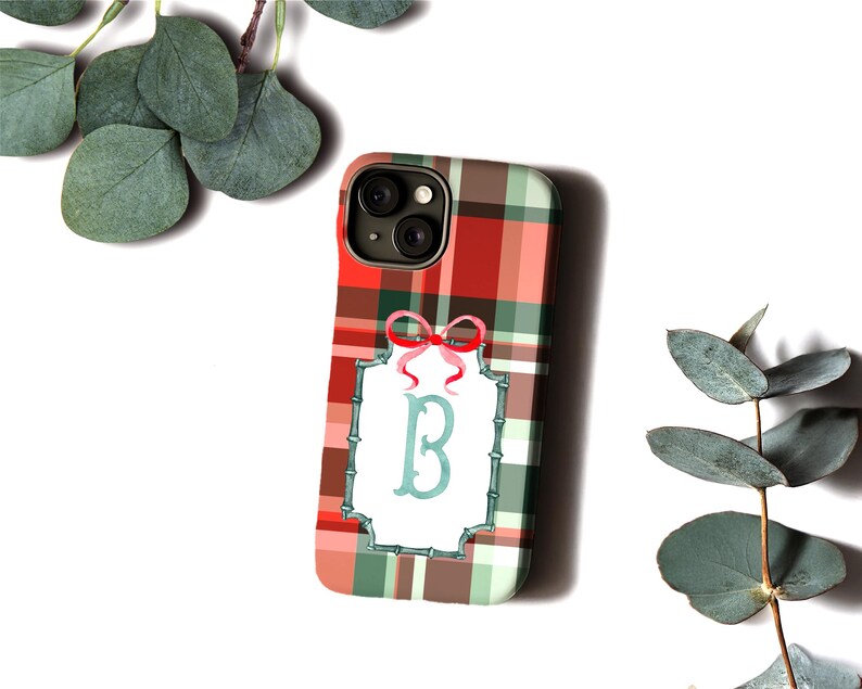 Red Plaid Custom Monogram Phone Case, Christmas Holiday Name Initial MagSafe & Tough Phonecases for iPhone, Samsung Galaxy, Google Pixel bild 7