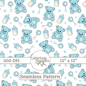 Modèle sans couture bleu pour bébé garçon – Adorables nounours, biberons et hochets | Tissu pour baby shower, impression pour chambre de bébé, téléchargement numérique, dessiné à la main