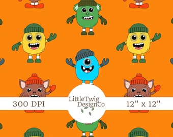 Modèle sans couture de monstre, papier numérique Monstre dessin animé mignon | Conception de tissu monstre pour enfants | Impression de monstres | Clipart monstre kawaii